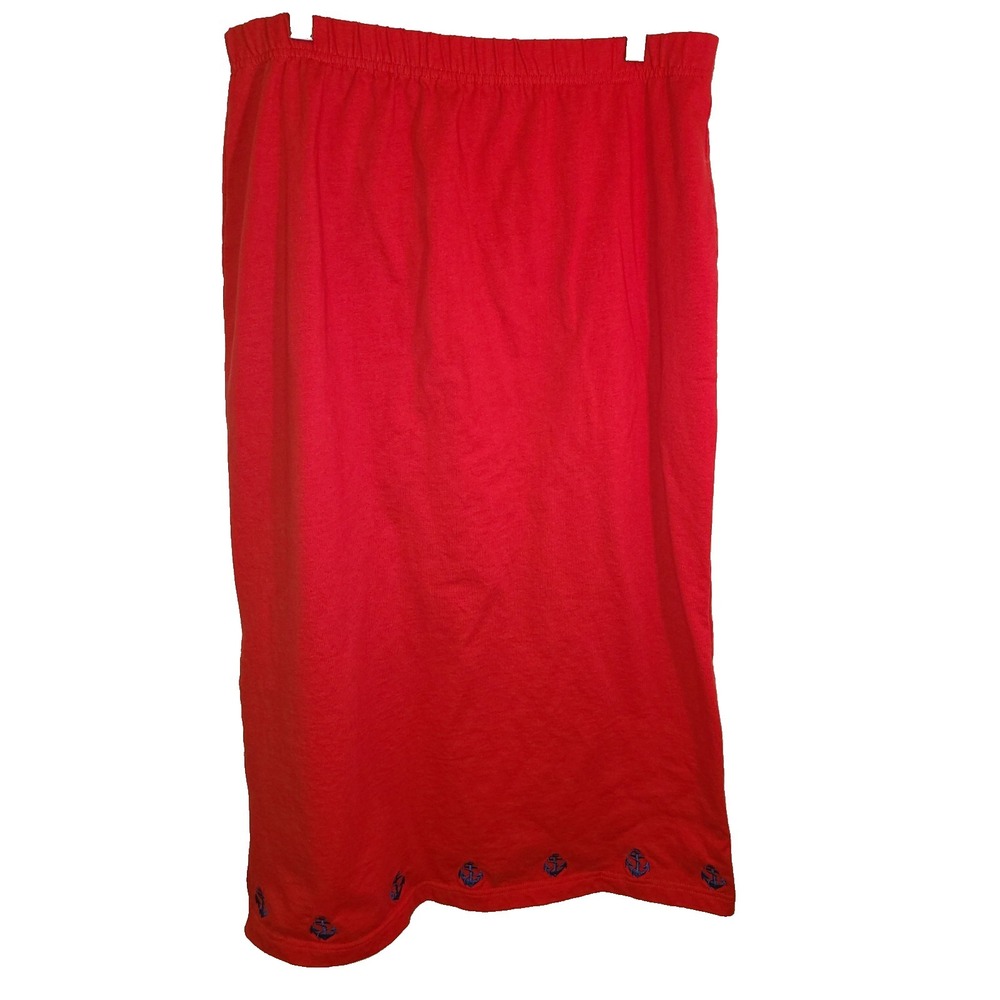 Quacker Factory Red Maxi Skirt w Anchor Embroidered Cotton Sz Lg Coastal Pullon‎
